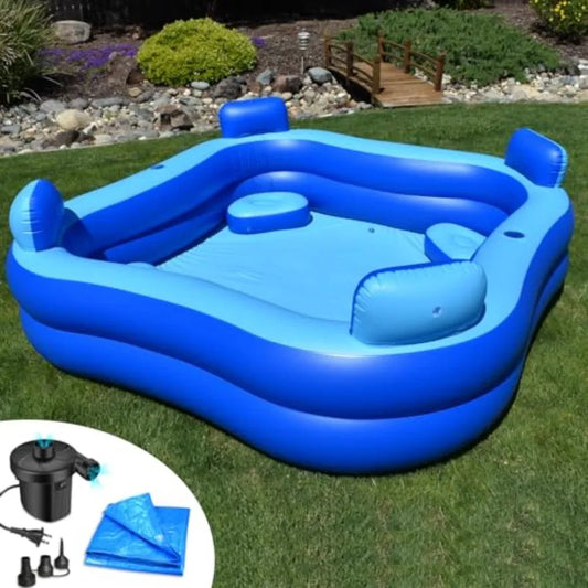 Inflatable Pool Bundle with Seats Headrests - 8ft x 8ft - Electric Pump and Ground Tarp Included - Fast Setup and Reinforced Seats