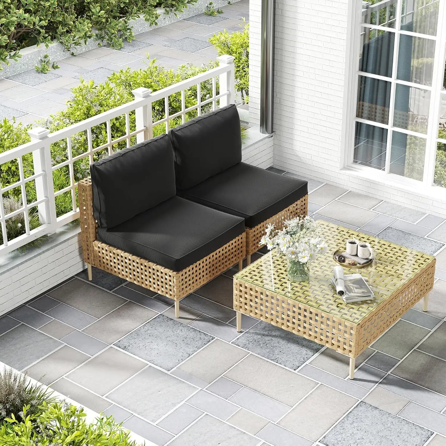 7 Piece Wicker Outdoor Sectional Sofa Set with Coffee Table All Weather Cushions Backyard Porch Large Hand Knitting, Customized