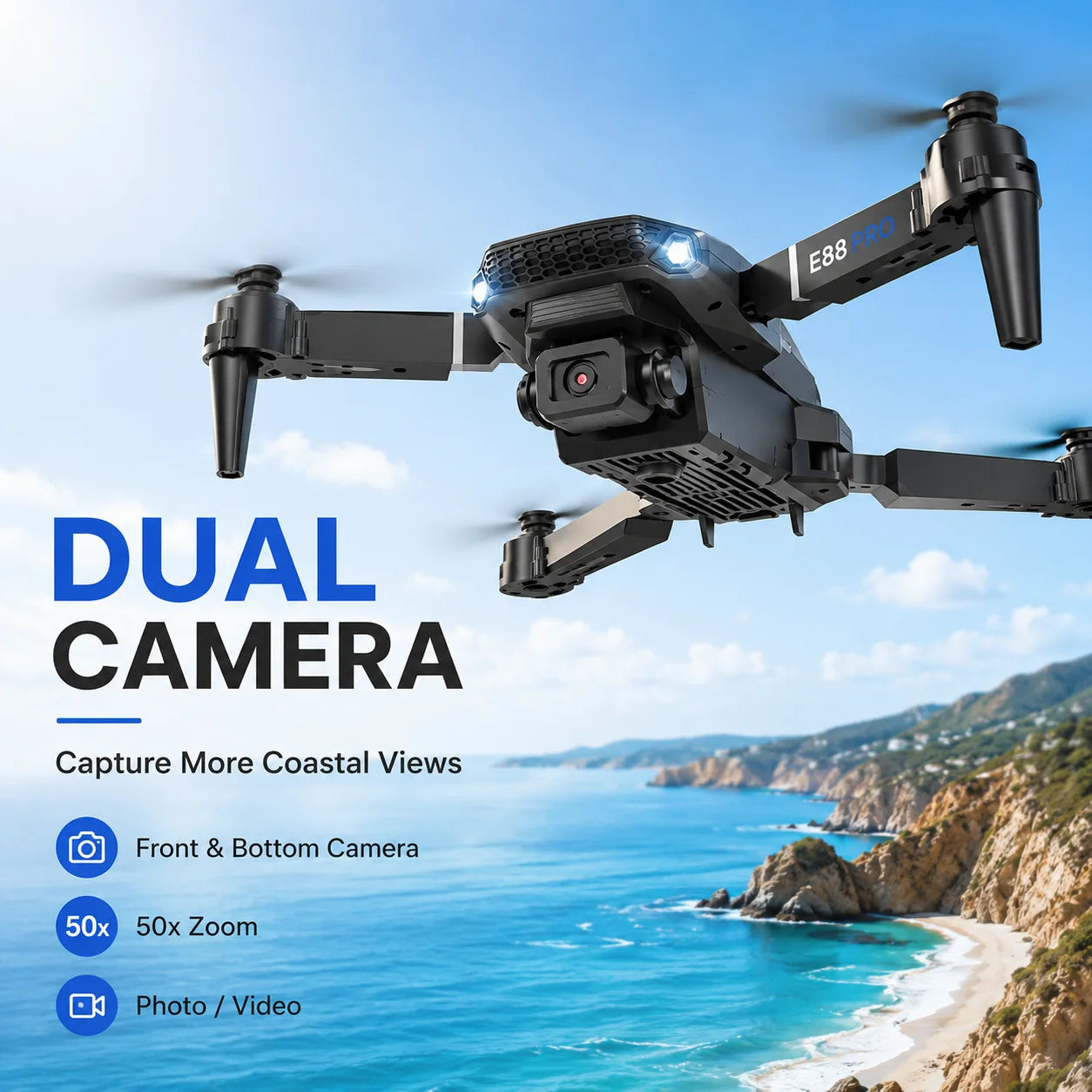 ZNLYRION 4K Dual Camera FPV Drone E88 Pro 15Mins Flight Time Foldable Quadcopter with Altitude Hold Headless Mode One-Key Takeoff/Landing