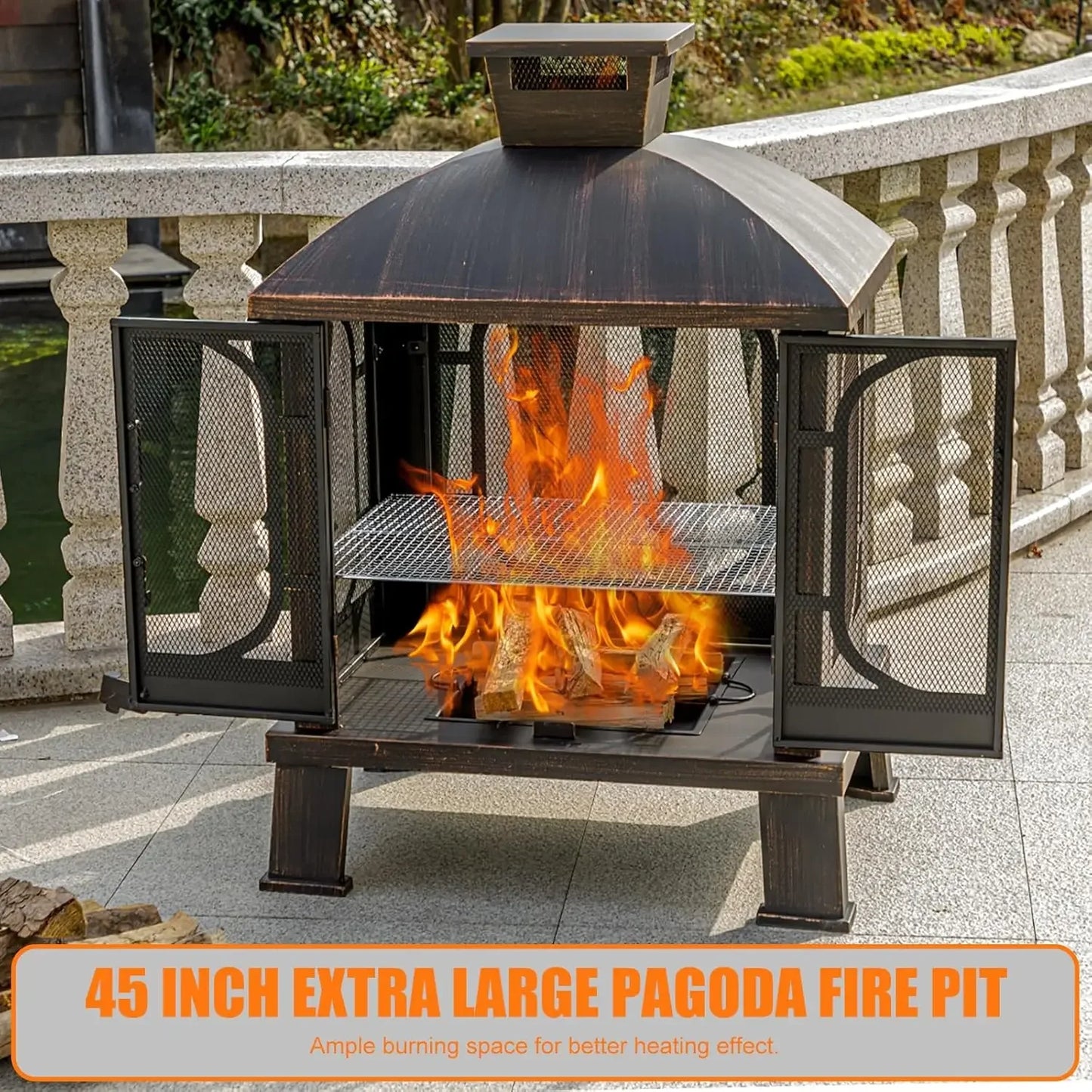 45" H×31''W Metal Chiminea Fire Pit with Grill, Wood Burning Fire Pits for Outside,Square Chimineas Fireplace with Mesh Spark Screen