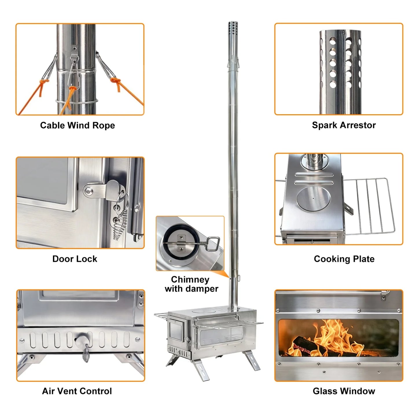 Portable Camping Tent Wood Stove for Outdoor Heating Stainless Steel Hot Tent Stove Burner Stove with 7 Chimney Pipes