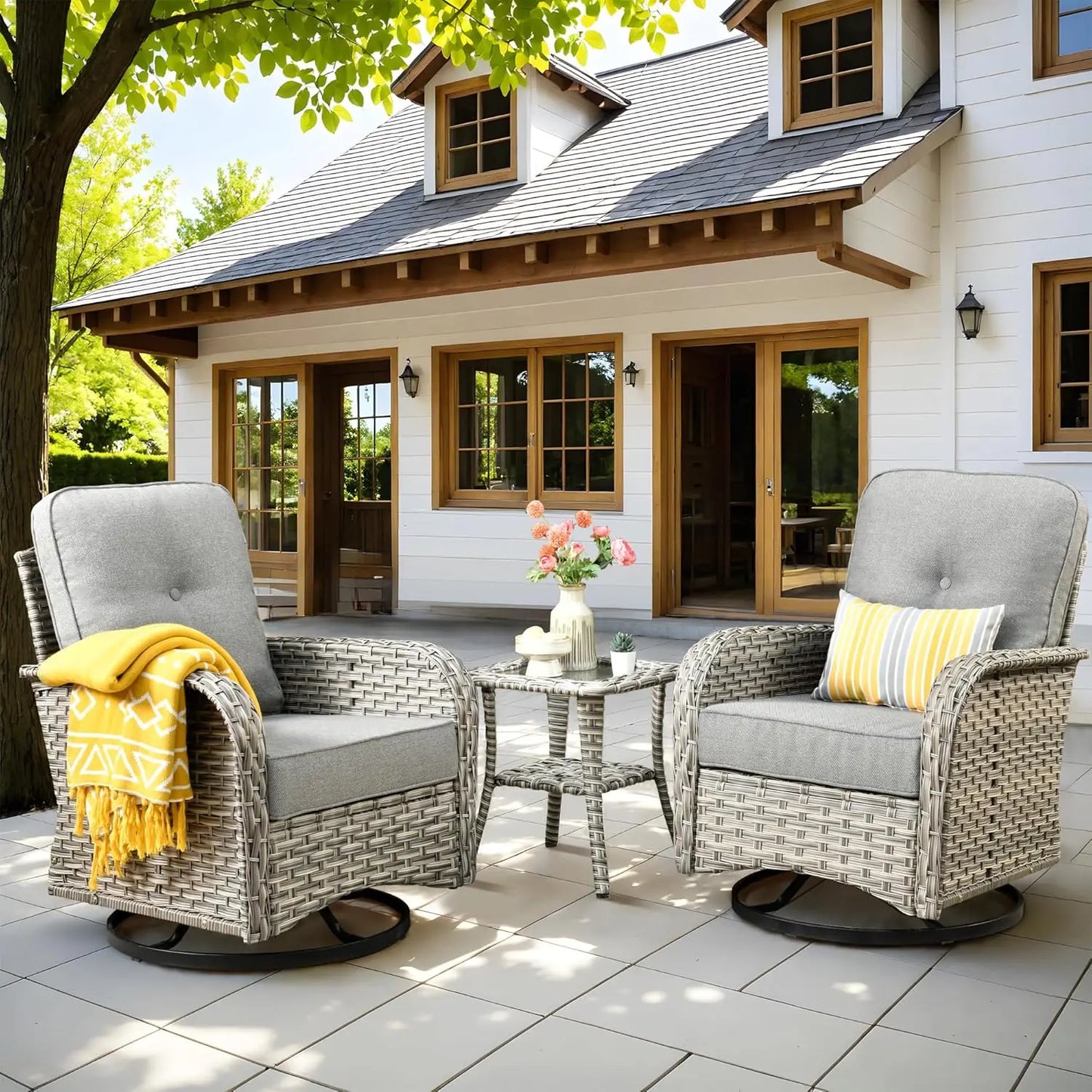 All-Weather Wicker Swivel Rocker Patio Chair Set of 2 with Coffee Table for Deck Porch Balcony Poolside, Customized
