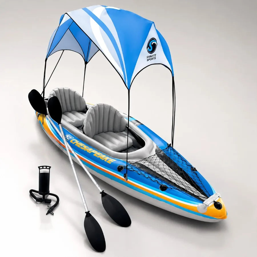 2 Person Inflatable Kayak For Lakes And Rivers, PVC Material, Blue, Includes Sunshade Canopy High Output Air Pump Storage Bag A