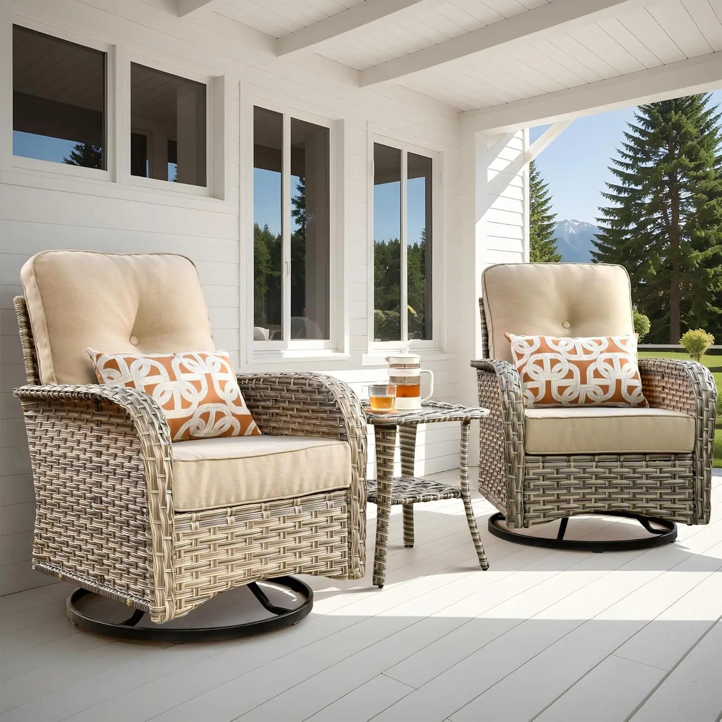 All-Weather Wicker Swivel Rocker Patio Chair Set of 2 with Coffee Table for Deck Porch Balcony Poolside, Customized