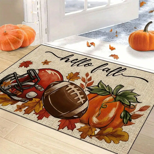 1pc Hello Fall Football & Pumpkin Thanksgiving Doormat Suitable For - Indoor/Outdoor Use, Non-Slip Machine-Washable Mat With Autumn Football Theme, Floor Mat