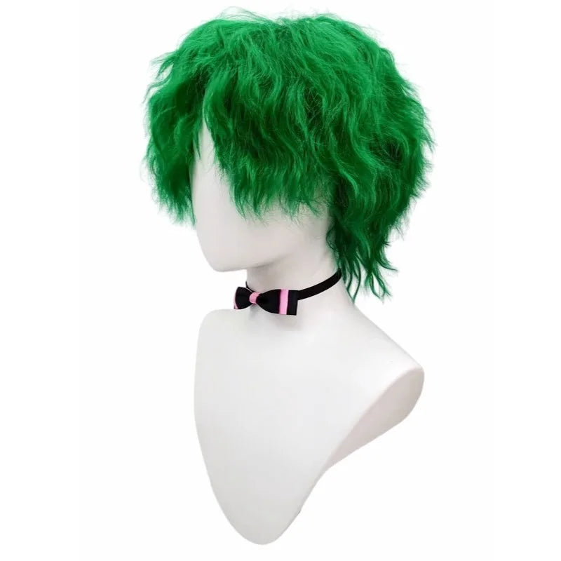 Bright Green Premium Synthetic Fiber Short Curly Wig Shaggy Fluffy Messy Layered Wolf Cut Hair with Bow Tie Choker Collar Accessories Heat Resistant Adjustable Cap for Women Girls Cosplay Party Halloween Costume Role Play Sta