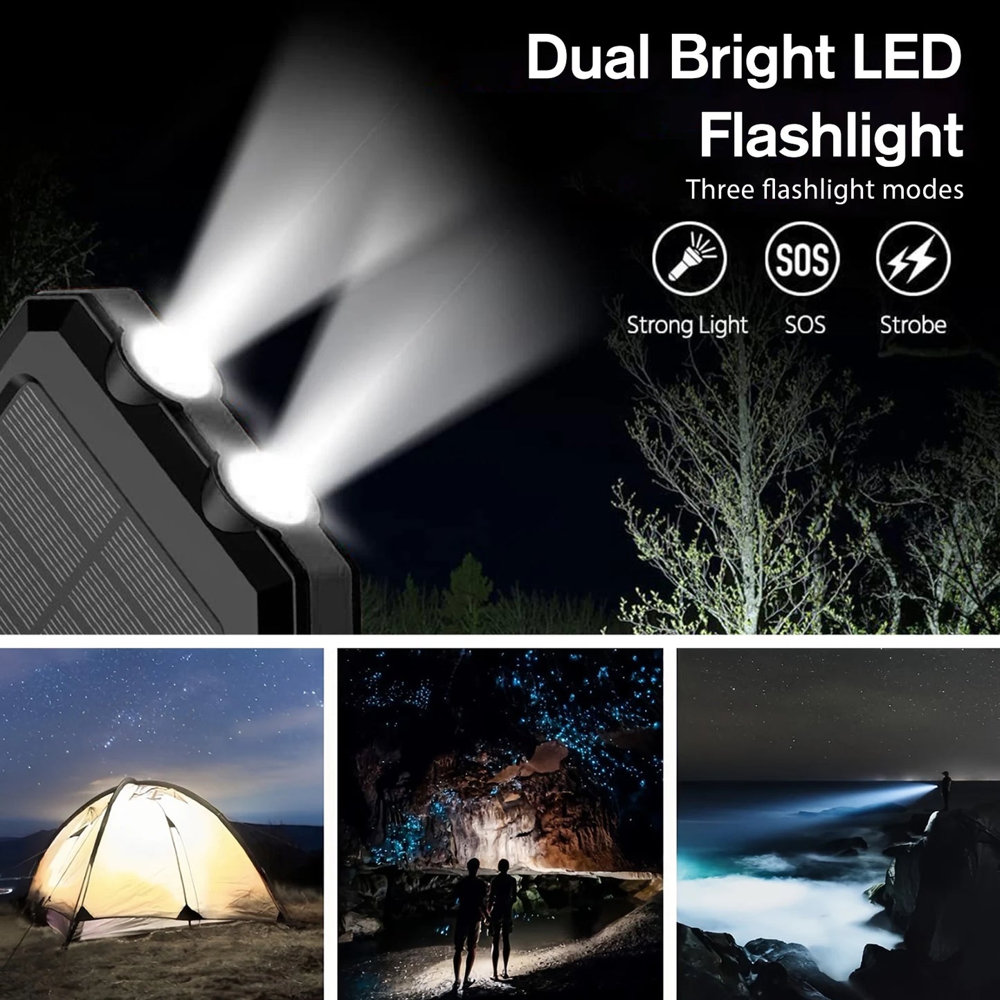 30000mAh Portable Solar Power Bank External Battery Waterproof Dual 5V 1A USB Ports LED Flashlight for iPhone Samsung Tablets