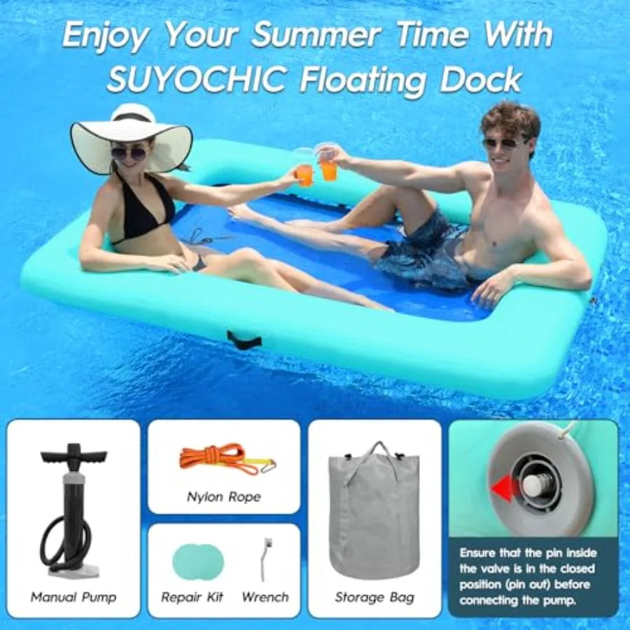Rectangle Floating Ring 6FT/6.6FT Inflatable Water Hammock Pool Floats for Adults Sunbathing Platform Raft in Blue Durable PVC