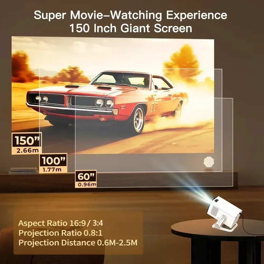 Mini Projector Wifi6 and BT5.4 Native 1080P, 4K Decoding Android 14 Auto Keystone 180° Flexible Portable Beamer for Home Theater