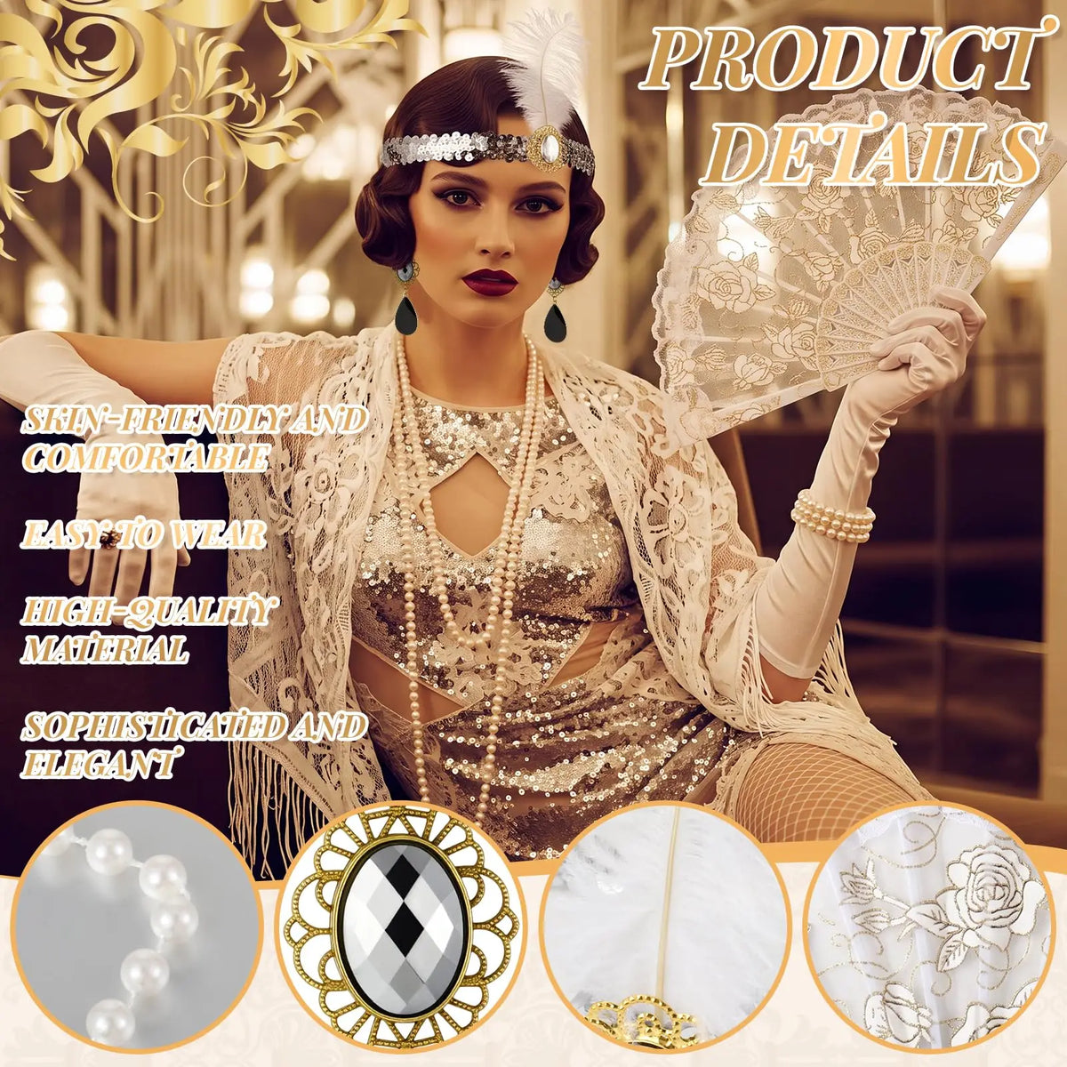 8PCS Flapper Accessories Set for Women, Roaring 20's Costume Set 1920s Flapper Kit Shawl Headband Gloves, Lace Stretch Fabric, Retro 20s Theme Accessories for Halloween Party Cosplay