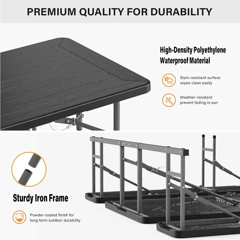 Folding Picnic Table and Bench Set, Portable Outdoor Dining Furniture for Camping, Patio, Backyard, Wood Grain Plastic