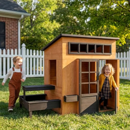 Outdoor Playhouse For Kids Aged 3-8: Modern Fir Wood Construction, Natural Wood Color, Includes Play Kitchen, Outdoor Table, Ch