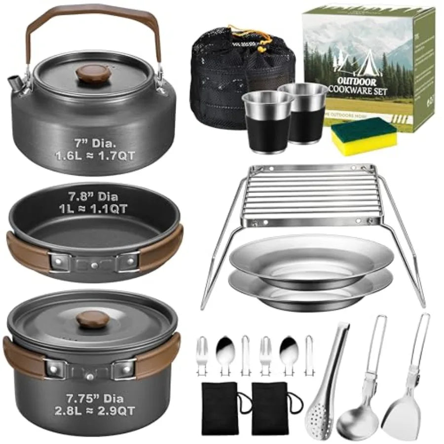 18Pcs Camping Cookware Mess Kit, 7.8" Nonstick Camp Cooking Utensil Set Pot, Pan, Kettle, Grill Grate,Outdoor Backpacking Gear