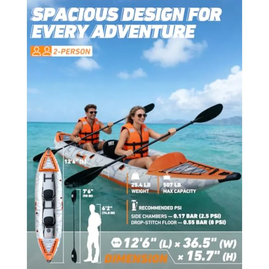 Tandem Fishing Kayak For Adults, Inflatable Portable Touring Canoe With Dual Floats, Drop-Stitch Floor And Fish Measuring Ruler