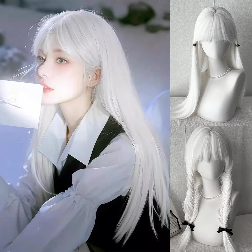 White Long Straight Wigs for Women with Bangs Natural Looking Synthetic Hair Wig for Halloween Cosplay Daily Use