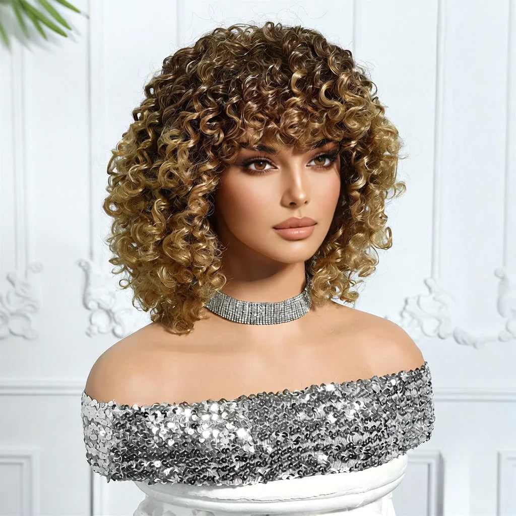Halloween Wig TopShe 10In Goth Afro Puff Wig Brown Kinky Curl Women Synthetic Wigs Heat Resistant Short Kinky Curly Bob Wig with Bangs for Women's Daily Wear Suitable for Parties Cosplay Daily Wear