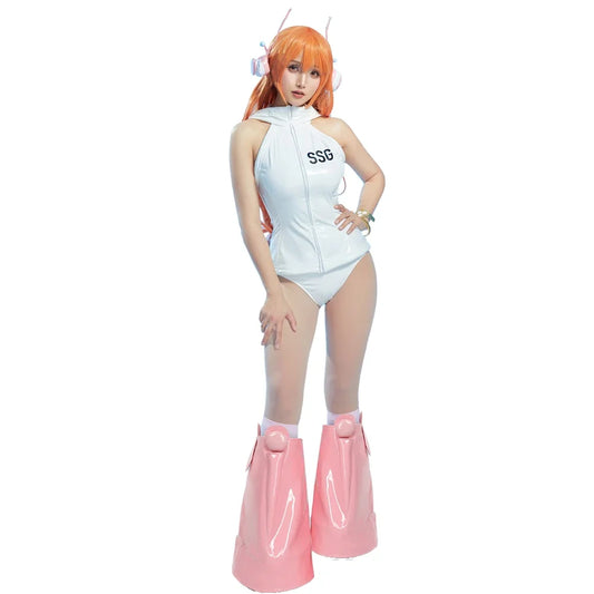 Miccostumes Women's Anime White Hooded Vest and Panty with Waist Bag Bracelet Cosplay Costume