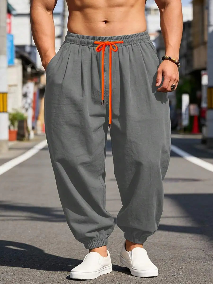 Men'S Thin Casual Loose Harem Pants - Comfortable Elastic Cuffs, Elastic Drawstring Waist Non-Stretch Casual Lantern Long