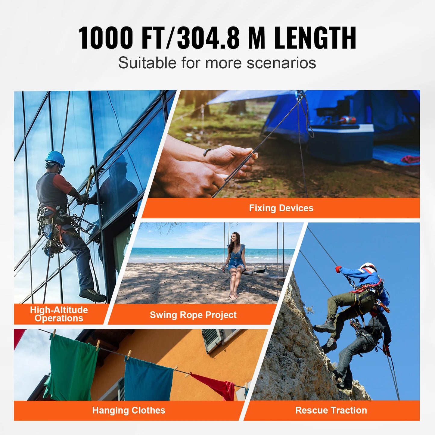 SucceBuy 3/16 in 250/1000ft Nylon Cord 32-Strand Design Multi-Purpose Rope for Outdoor Adventures Tree Work Emergency Situation