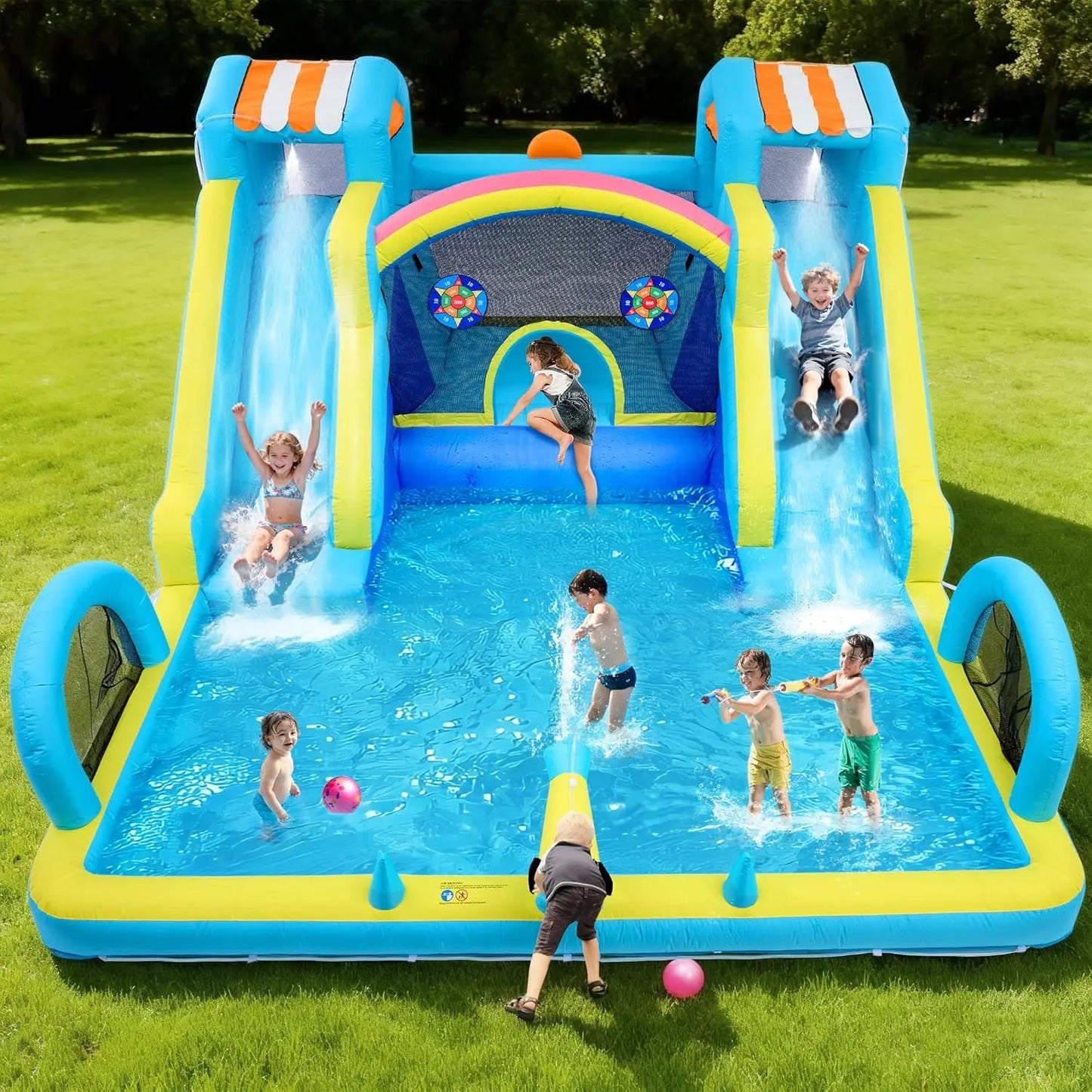 Double Water Slide Inflatable Bounce House for Kids,Premium Oxford Bouncy Castle with Blower,Play Center for Backyard Family Fun