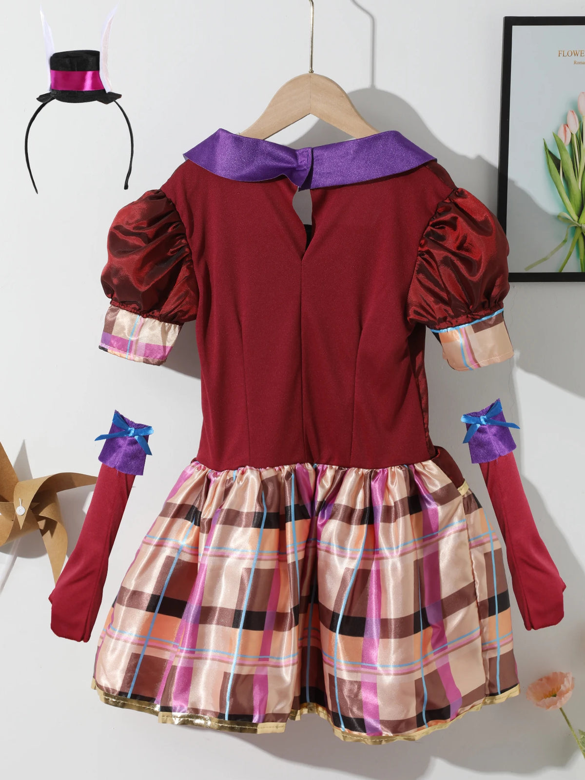 Girls vintage fancy dress costume set includes plaid skirt dress, mini top hat headband and matching arm sleeves, great for Halloween, tea party theme and kids cosplay activities.