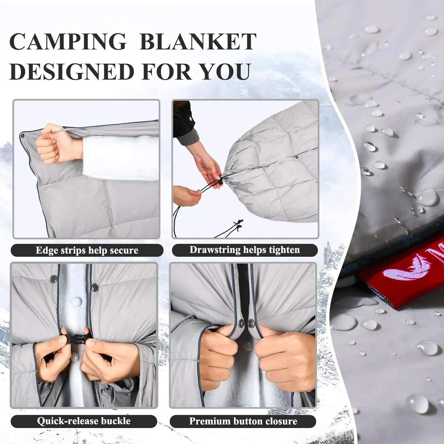Packable Down Camping Blanket - Lightweight Waterproof Quilt for Backpacking, Hiking, Stadium & Travel, 55x79 Inch Warm Puffy Sleeping Bag Replacement with Water-Resistant Shell, Gray Blue