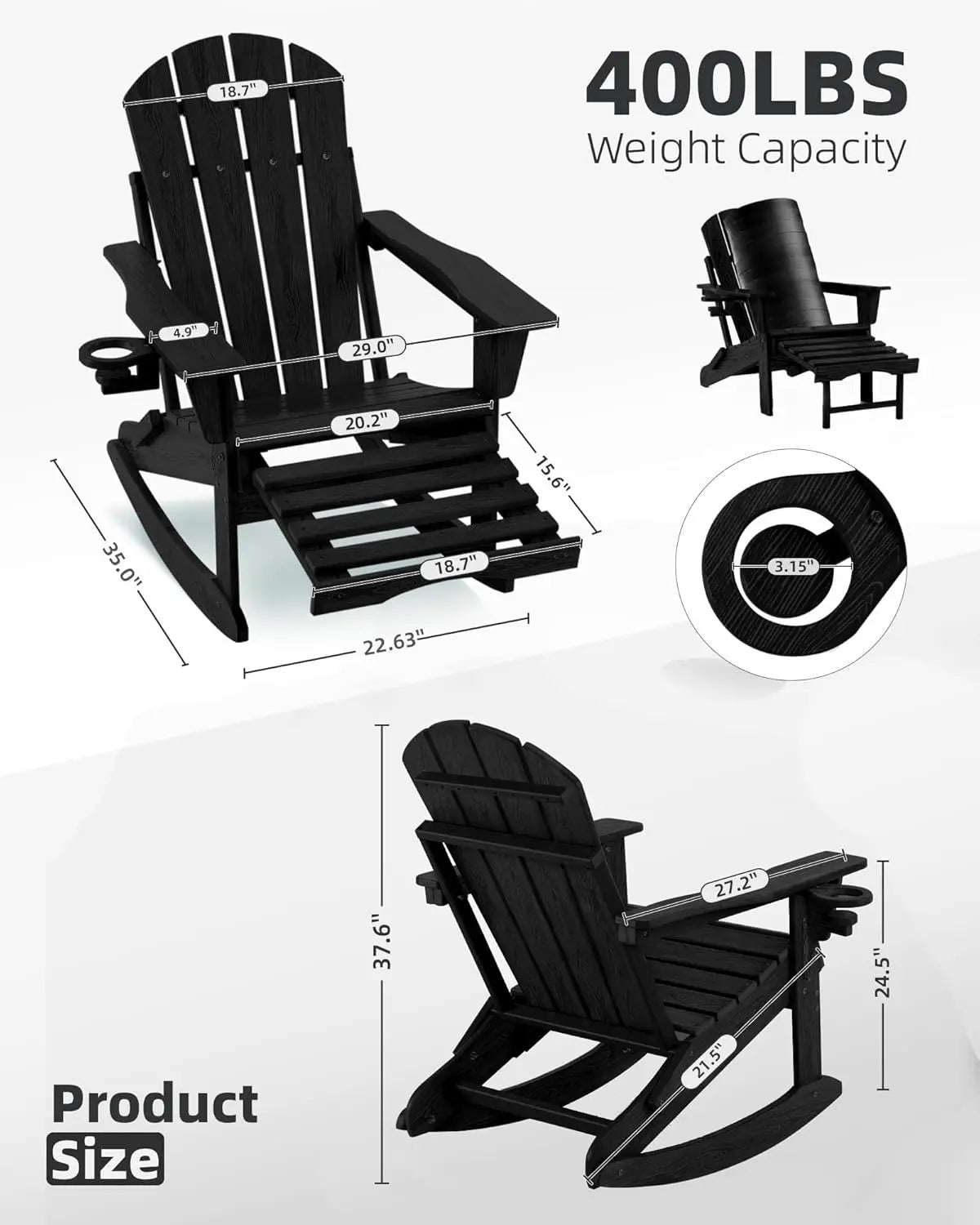 Folding Adirondack Rocking Chair Set of 2,4-in-1 Multifunctional Patio Chairs with Retractable Ottoman, Outdoor, Customized