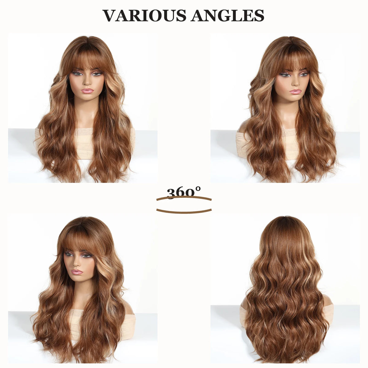 Halloween Wig 24 Inch Long Synthetic Wig with Bangs Auburn Brown Blonde Heat Resistant for Woman Dimensional Highlights Soft Layered Waves Curly Wavy Hair Wigs for Women Cosplay Costume Party Daily Wear Natural Looking Volumi