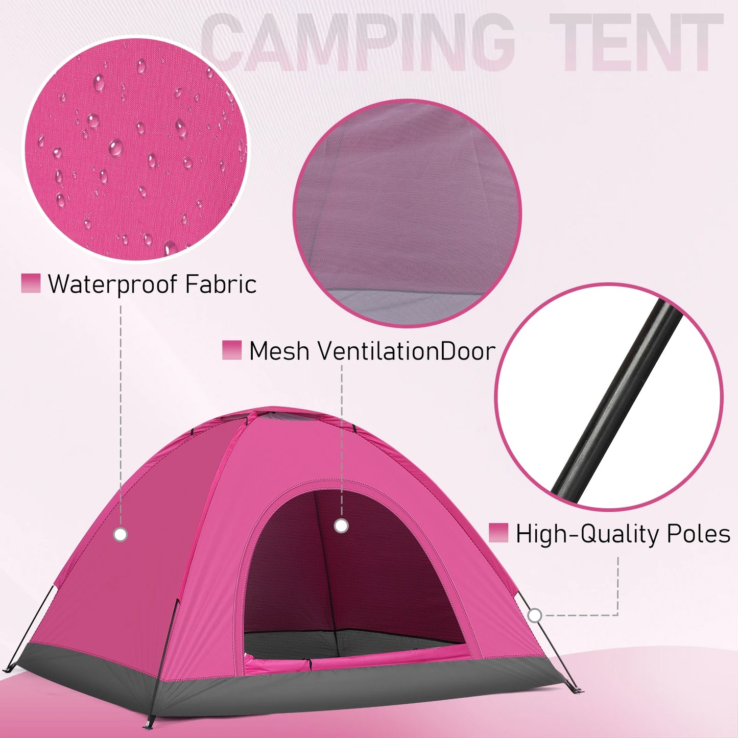 3 4 Person Camping Dome Tent Waterproof UV Proof 180T Silver Coated Polyester Fiberglass Poles Portable Bag Outdoor Pink