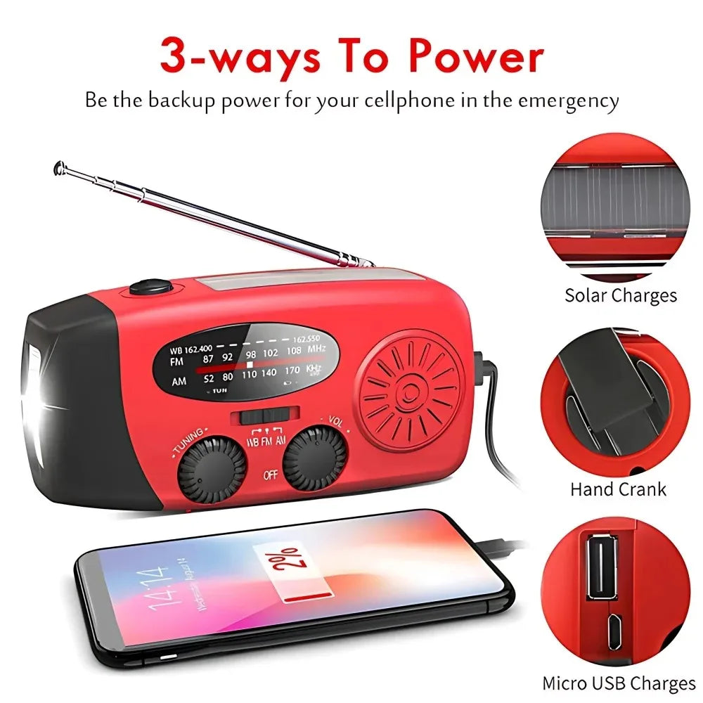 Portable Solar Hand Crank Emergency Radio 2000mAh Power Bank FM AM NOAA Weather Alert LED Flashlight Survival Kit Hurricane Supplies Emergency Preparedness for Home Blackout Severe Weather Camping Outdoor