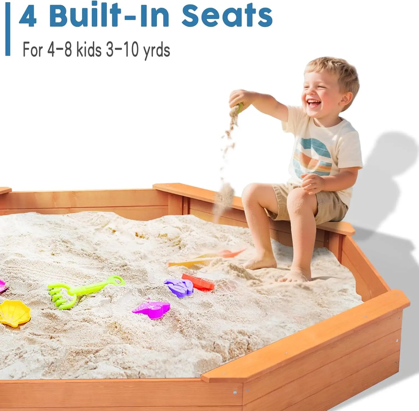 Kids Large Octagonal Wooden Outdoor Sandbox with Cover, 4 Built-in Benches Extra Large Sandpit, Bottom Liner, Playset Gift for Kids