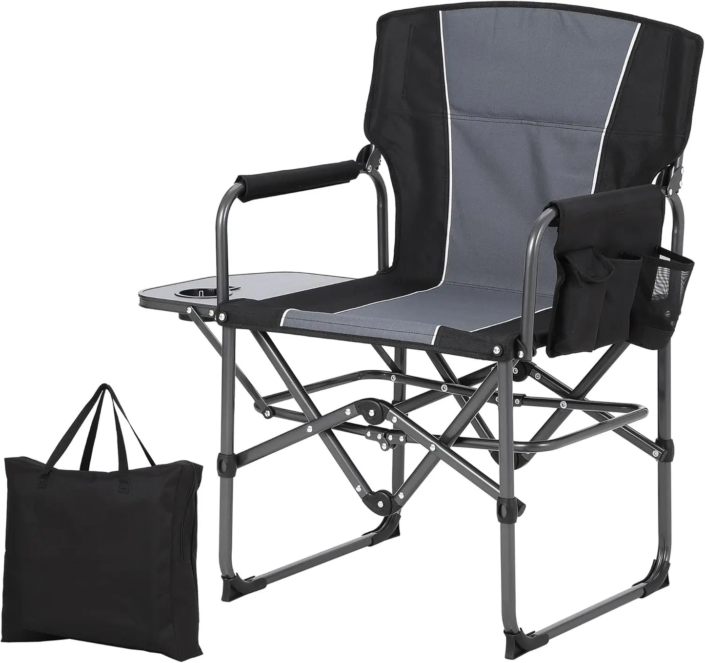 1 PCS Heavy Duty Oversized Directors Camping Chairs for Adults, 400lb Portable Folding Outdoor Lawn Chair with Side Table, Pocket & High Back, Ideal for Beach, Fishing, Picnic - Black