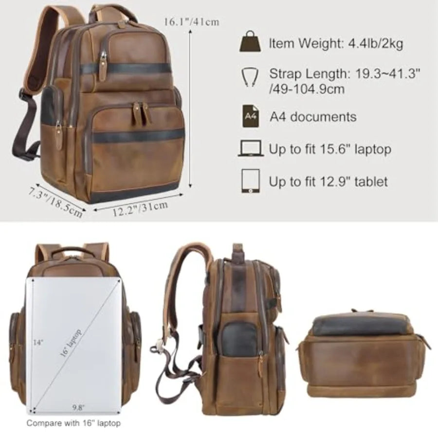 Vintage Leather Backpack 15.6 Laptop Bag Large Capacity Business Travel Hiking Shoulder Daypacks Brown Premium Material