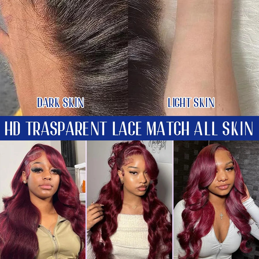 Halloween Wig Long Anime Cosplay Body Wave Wine Red Burgundy 99J Human Hair Wigs 200% Density 40 Inches 13x6 13x4 HD Transparent Lace Frontal Wig Brazilian Hair For Women Pre Plucked