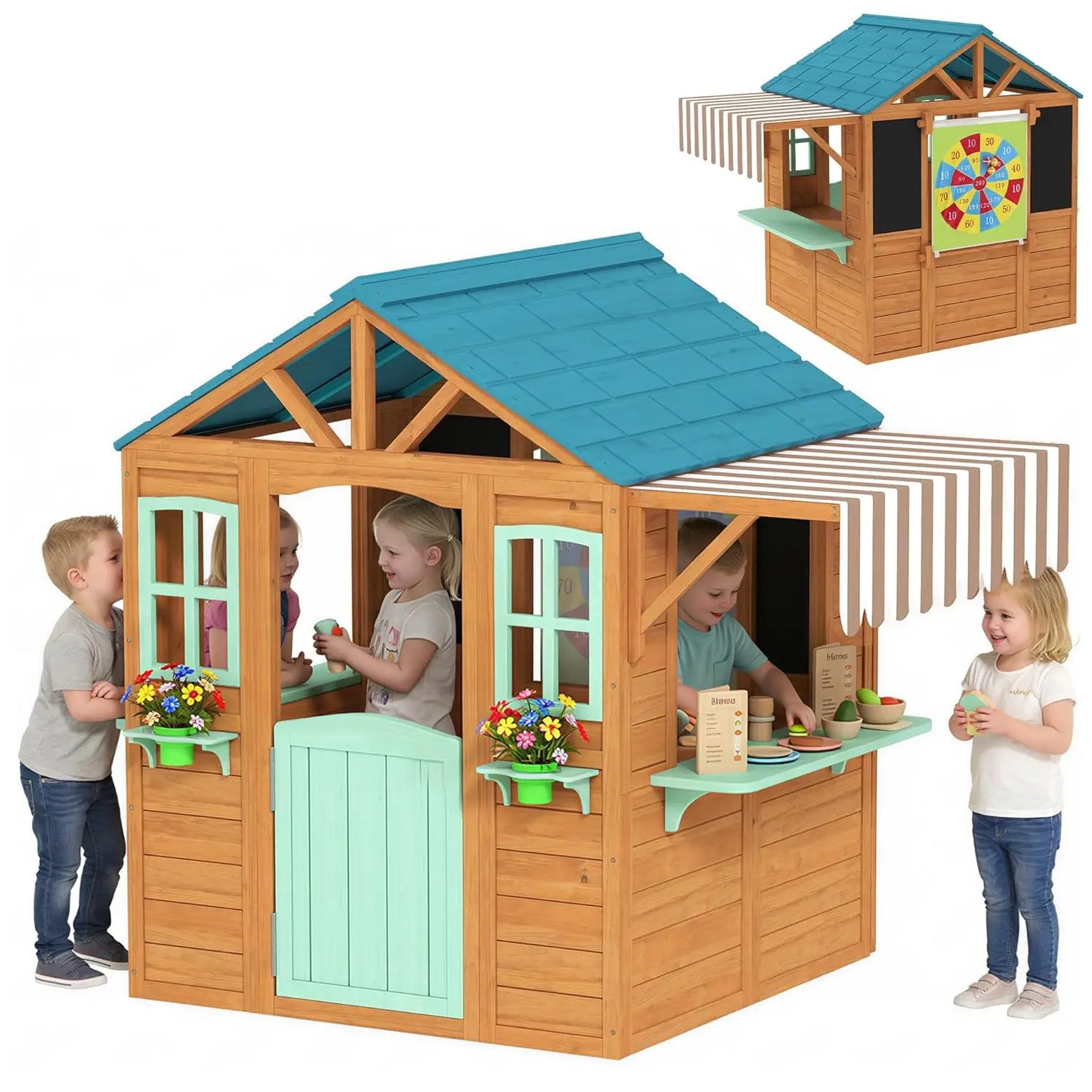 Wood Kids Playhouse Snack Bar Half Door Windows Flowerpot Chalkboard Tossing Game Backyard Age 3-6, Custom