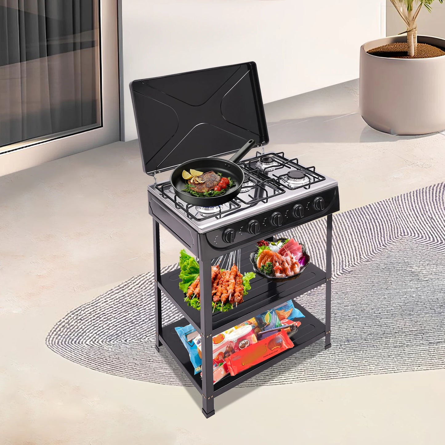 Rectangular Natural Gas Stove, 82cm/32.28in Portable Natural Gas Stove W|5 Burners for Outdoor Camping, Fishing,RV Travel(Black)