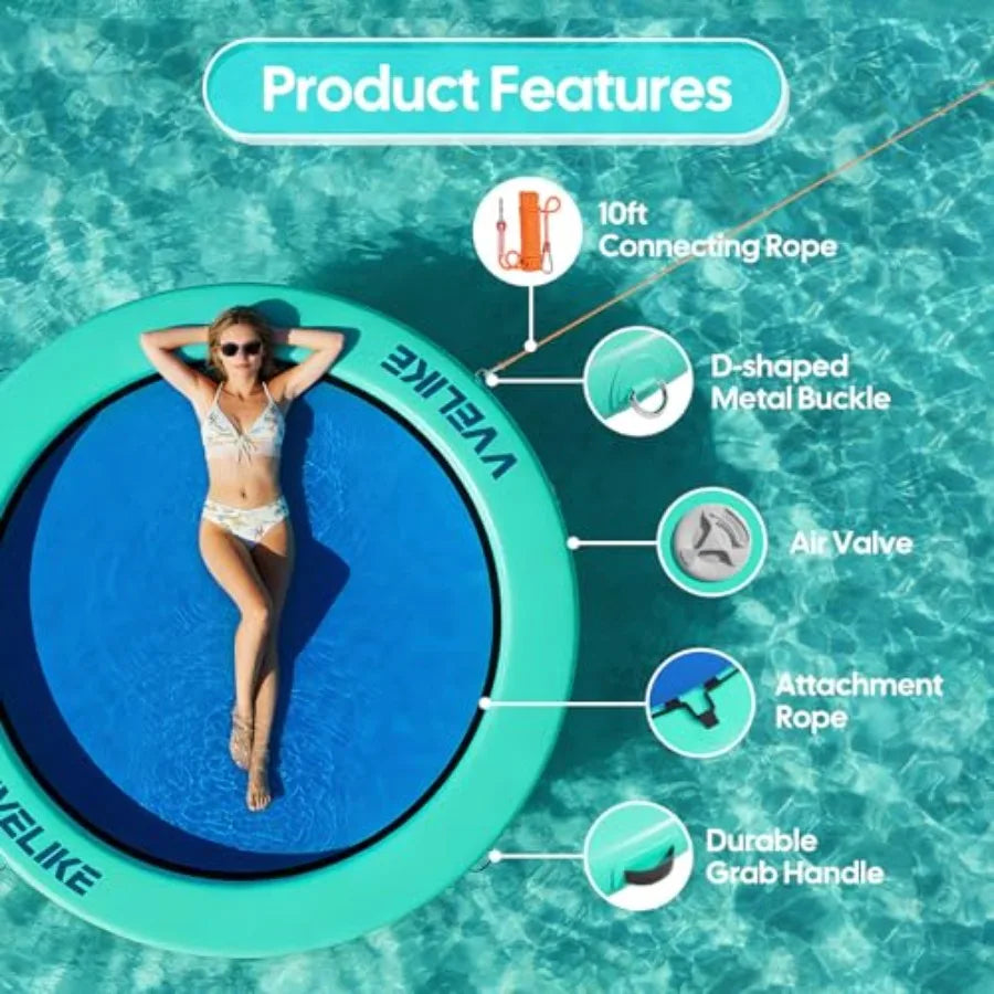 Inflatable Floating Water Hammock for Adults Large Size Round Ring Floaties Swim Deck Platform Lake Island Boat Pool Rafts Blue