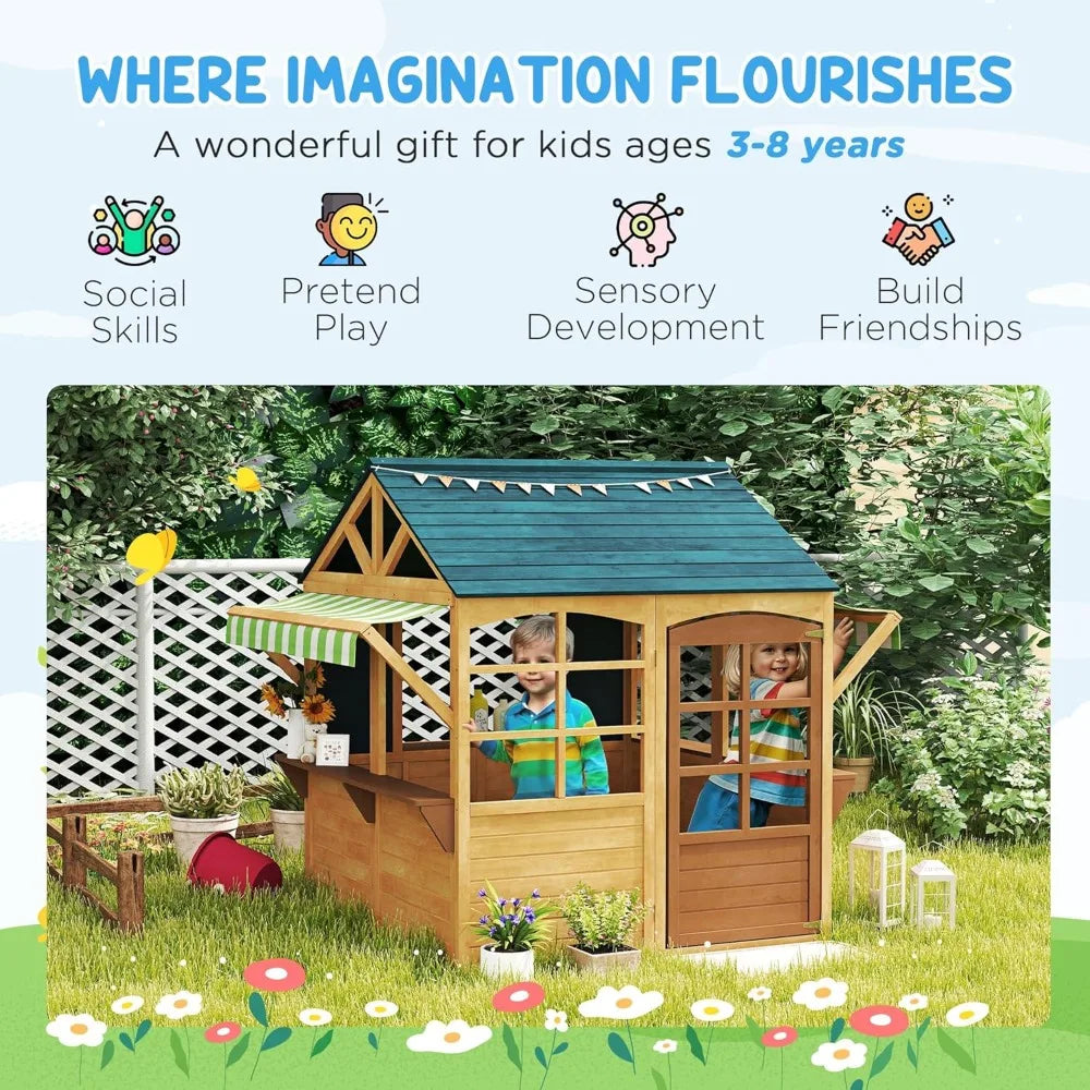 Foldable Outdoor Playhouse, Wooden Cabin with Windows, Hinged Door, Bar, and Waterproof Cover; Customizable