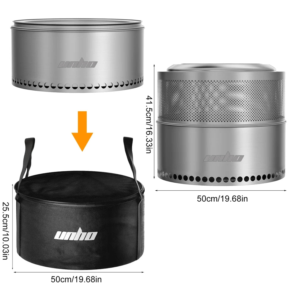 UNHO 19 Inch Smokeless Fire Pit for Outdoor Wood Burning,  Portable 304 Stainless Steel Camping Stove , Perforated  Fireplace