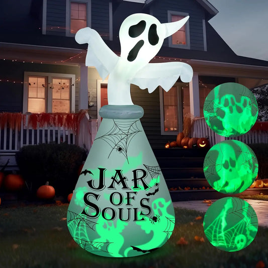 6 FT Ghost Halloween Inflatable Outdoor Decoration Inflatable Halloween Decor Outdoor, Blow Up Ghost in the Jar with Green Projecting LED for Halloween Yard Decoration