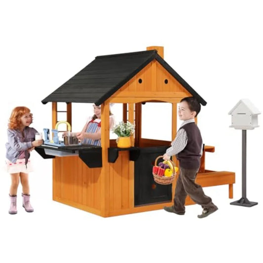 Outdoor Kids Wooden Playhouse For Ages 3-8: Light Brown Cottage With Sink, Picnic Table, Mailbox, And Flowerpot Holders