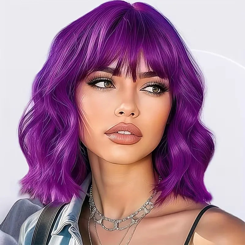 Bob Wig With Bangs 12 Inch Short Wavy Bob Wig Synthetic Blue Orange Pink Yellow Purple Red Wigs For Women Cosplay Halloween Kpop Daily Use