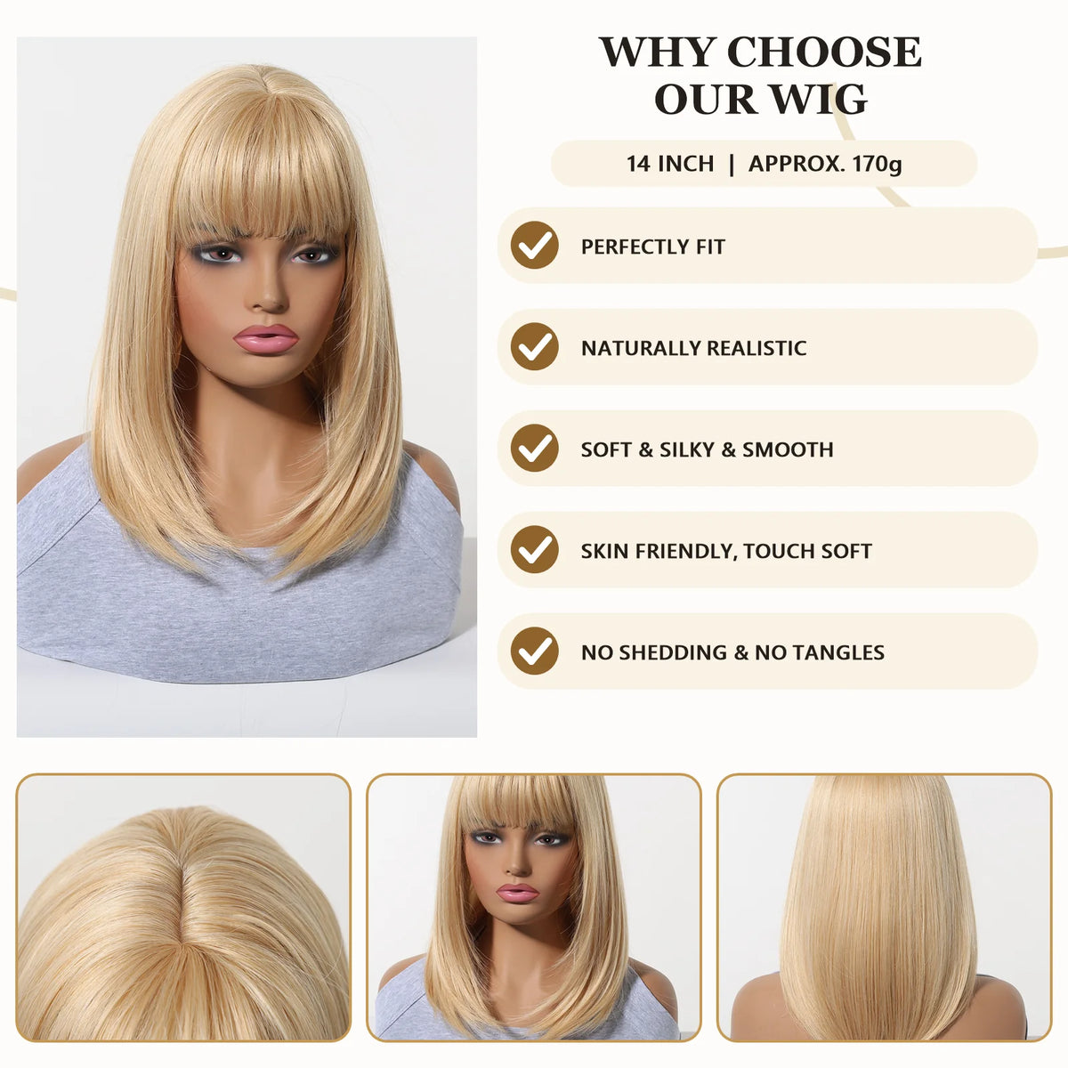 Halloween Wig TopShe Long Straight Golden Blonde Wig Synthetic Wig Heat Resistant Fiber Bob Wig with Bangs 14 Inch or Women Simulation Scalp Soft Full Fringe Natural Looking Hair Cosplay Party Daily Wear 170g