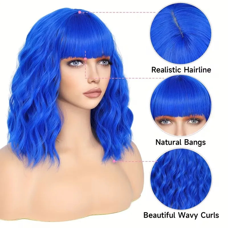 Bob Wig With Bangs 12 Inch Short Wavy Bob Wig Synthetic Blue Orange Pink Yellow Purple Red Wigs For Women Cosplay Halloween Kpop Daily Use