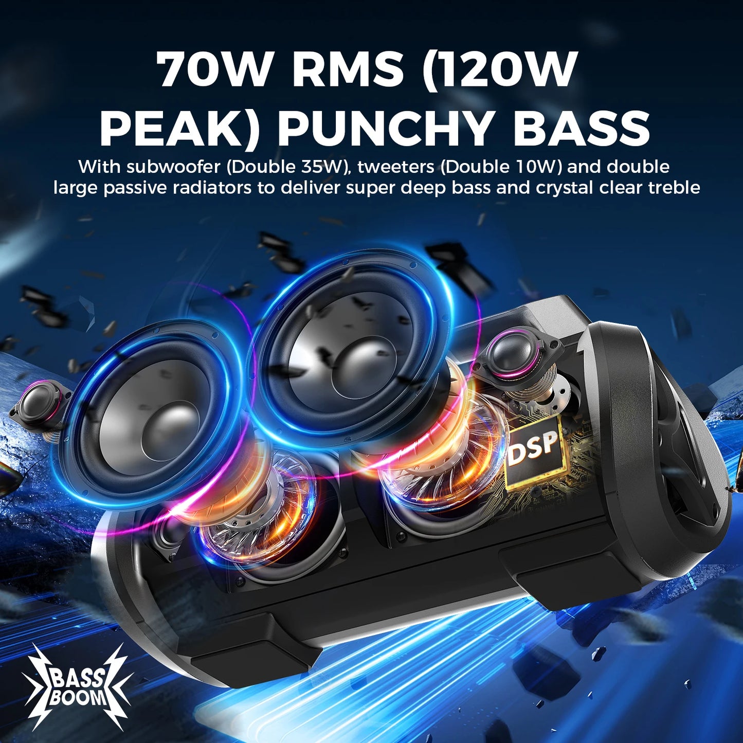 W-KING D10MIC 70W RMS Bluetooth Portable Speaker Wireless Loud IPX6 Waterproof Bluetooth Music Box with Subwoofer/Bass Boost