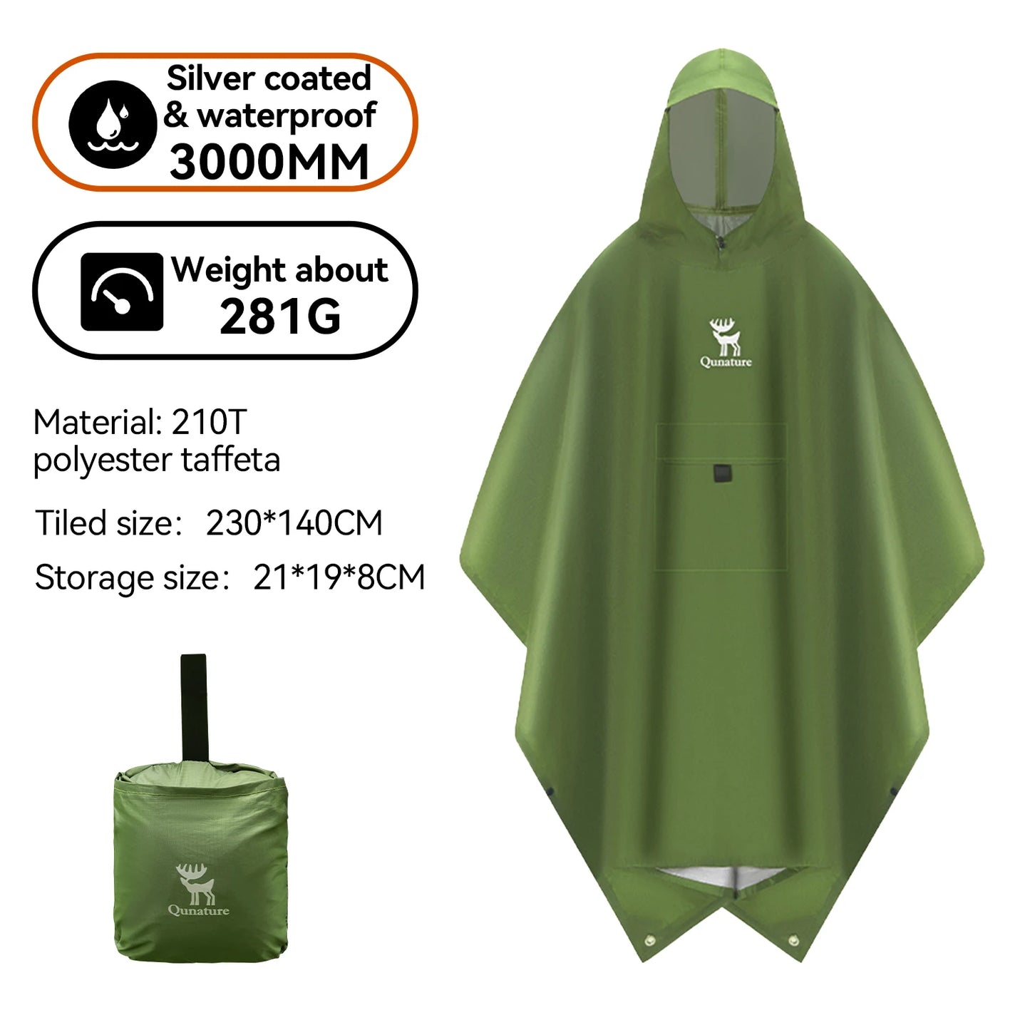 Qunature Raincoat 3000mm+ WaterResistan Lightweight Multifunctional Sky Curtain Floor Mat Hiking Fishing Climbing Cycling Poncho