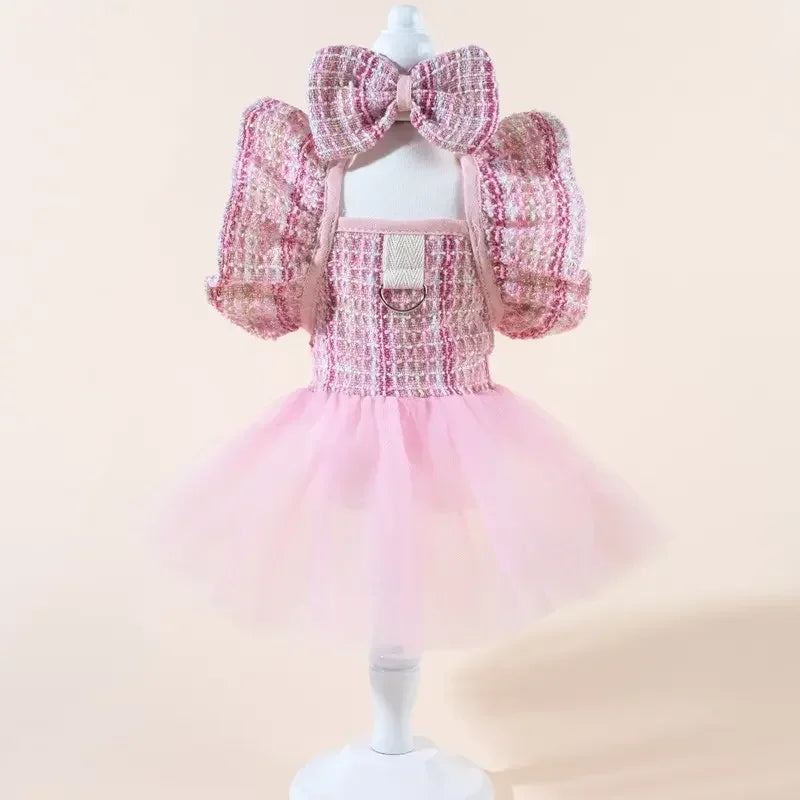 Cute Fashion Print Pet Dress with Bow, Plaid Pet Costume, Elastic Mesh Princess Dress, Puppy Cat, Complete Set, Puppy Clothes