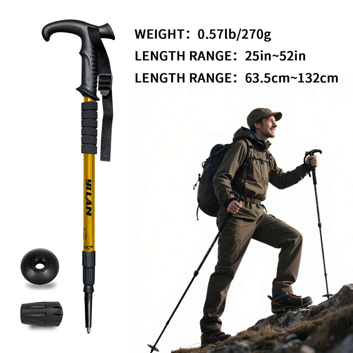 Ultralight hiking poles with shock absorption and quick-locking system, made of aluminum alloy, suitable for outdoor mountaineering, hiking, trekking, backpacking, and camping.