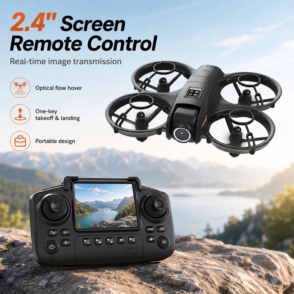 ZNLYRION YL3PK Mini Full Protective Drone With 2.4 Inch Screen Remote Dual Camera Optical Flow Hover 2 Batteries Indoor RC Quadcopter