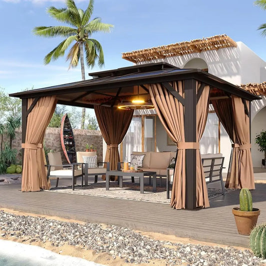 10x12 ft. Outdoor Poly Pavilion with Curtains & Netting, Ideal for Gardens and Patios, Brown